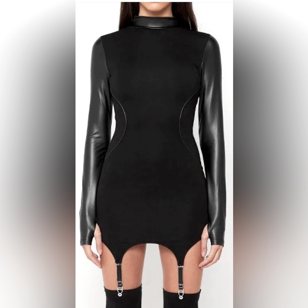 MANIERE DE VOIR Vegan Leather Suspender Dress -Black